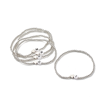 Heart and Random Letter Beads Stretch Bracelet for Teen Girl Women, Acrylic & Brass Beads Bracelet , Silver, Inner Diameter: 2-1/4 inch(5.6cm)