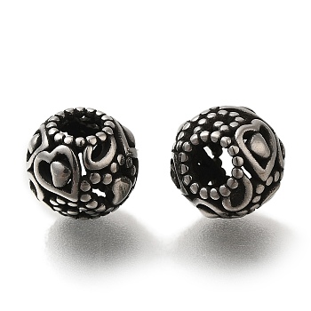 304 Stainless Steel European Beads, Large Hole Beads, Rondelle with Heart, Antique Silver, 10x9mm, Hole: 4mm