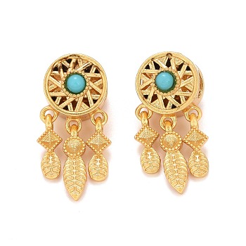 Alloy European Beads, with Synthetic Turquoise, Large Hole Beads, Long-Lasting Plated, Cadmium Free & Lead Free, Flat Round with Star & Feather, Matte Gold Color, 25x11x11mm, Hole: 5mm