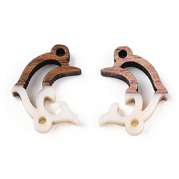 Opaque Resin & Walnut Wood Connector Charms, Dolphin Links, White, 14x18.5x3mm, Hole: 1.5mm
