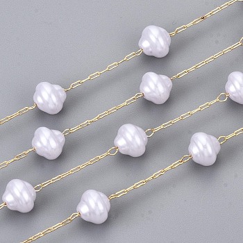 Handmade ABS Plastic Imitation Pearl Beads Chains, for Necklaces Bracelets Making, with Brass Paperclip Chains, Long-Lasting Plated, Soldered, Light Gold, Creamy White, Links: 3x1x0.4mm, Beads: 3/8x1/4 inch(8x7mm,Links: 3x1x0.4mm, Beads: 8x7mm