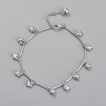 Brass Heart Charm Anklets, with Bar Link Chains and Bell Charms, Platinum, 8-7/8 inch(22.5cm)