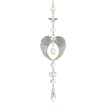 Glass Cone & Alloy Wing Big Pendant Decorations, with Glass Beads and 304 Stainless Steel Cable Chains, for Home Decorations, Antique Silver, 360mm