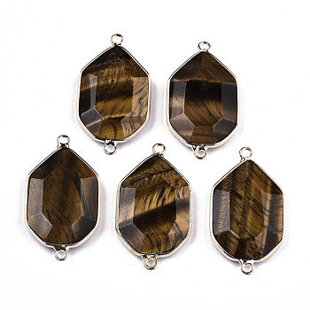 Natural Tiger Eye Links Connectors, with Light Gold Tone Brass Findings, Faceted Polygon, 40.5x23x6mm, Hole: 2mm