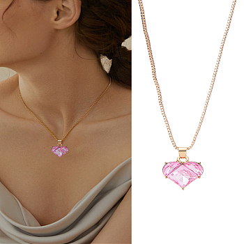 1Pc Hot Pink Heart Zinc Alloy Glass Pendant Box Chain Necklaces for Women, Golden, 16.14 inch(41cm)