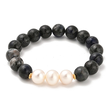 Natural Sodalite Beaded Bracelets, with Sterling Silver Beads and Pearl Beads, Real 18K Gold Plated, Inner Diameter: 5cm