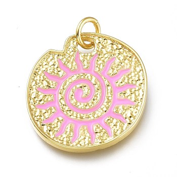 Real 18K Gold Plated Brass Enamel Pendants, Long-Lasting Plated, with Jump Rings, Lead Free & Cadmium Free, Flat Round with Sun, Pink, 23x22.5x2.5mm, Jump Ring: 6x1mm, Inner Diameter: 4mm