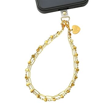Brass Paperclip Chain & 304 Stainless Steel Link Chain  Phone Hand Strap Chains, Heart, with PVC Cell Phone Lanyard Tether & Zinc Alloy Lobster Claw Clasps, Golden, 296mm, about 2pcs/set