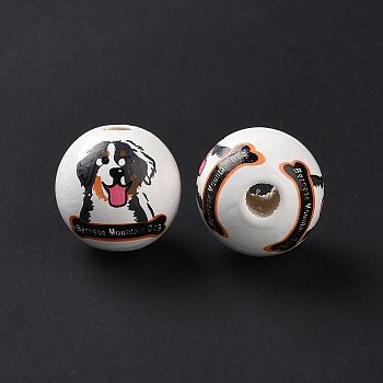 Printed Wood European Beads, Large Hole Beads, Round with Bernese Mountain Dog Pattern, Black, 15.5~16x14.5~15mm, Hole: 4.6mm