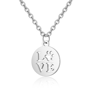 201 Stainless Steel Pendants Necklaces, Flat Round with Word Love, Stainless Steel Color, 16.3 inch(40cm)x1mm