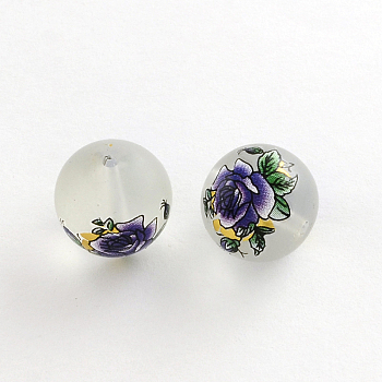 Flower Picture Frosted Transparent Glass Round Beads, Mauve, 14x13mm, Hole: 1.5mm