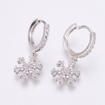 Brass Micro Pave Cubic Zirconia Dangle Hoop Earrings, Snowflake, Clear, Platinum, 28mm, Pin: 1mm