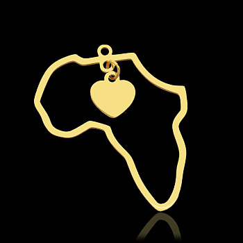 201 Stainless Steel Pendants, Map with Heart, Real 18K Gold Plated, 34x29.5x1mm, Hole: 1.6mm