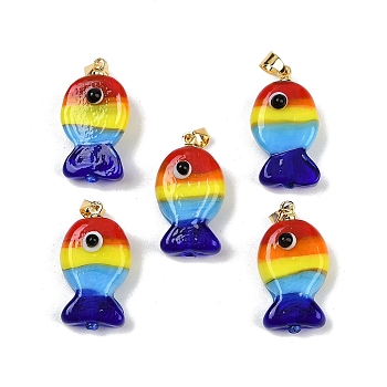 Handmade Lampwork Pendants, Fish Charms, with Rack Plating Golden Tone Brass Findings, Long-Lasting Plated, Colorful, 23~23.5x12~13x8~10mm, Hole: 4.4x3.8mm