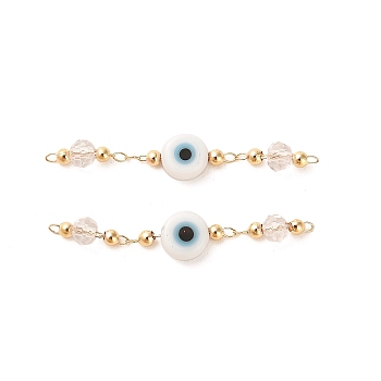 Handmade Evil Eye Lampwork with Glass Handmade Beaded Links Connectors, with Rack Plating Real 18K Gold Plated Brass Findings, White, 36mm, Hole: 1mm