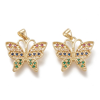 Brass Micro Pave Cubic Zirconia Pendants, Butterfly, Colorful, Real 18K Gold Plated, Clear, Real 18K Gold Plated, 20.5x24.8x2.5mm, Hole: 3.5x5mm