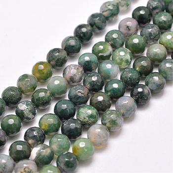 Natural Moss Agate Beads Strands, Round, Faceted, Sea Green, 6mm, Hole: 1mm, about 65pcs/strand, 15.5 inch