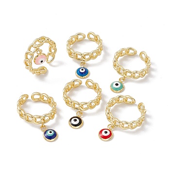 Enamel Evil Eye Charm Open Cuff Ring with Enamel, Real 18K Gold Plated Brass Jewelry for Women, Lead Free & Cadmium Free, Mixed Color, US Size 7 1/4(17.5mm)
