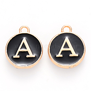 Golden Plated Alloy Charms, Cadmium Free & Lead Free, with Enamel, Enamelled Sequins, Flat Round with Letter, Black, Letter.A, 14x12x2mm, Hole: 1.5mm(ENAM-S118-02A)