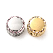 304 Stainless Steel European Beads, with Rhinestone, Large Hole Beads, Golden & Stainless Steel Color, Flat Round, Light Rose, 12x8mm, Hole: 4mm(STAS-D180-13GP-03)