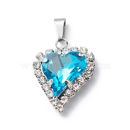 Glass Rhinestone Pendants, with 304 Stainless Steel Snap on Bails and Brass Findings, Heart, Aquamarine, 24mm(PALLOY-PH01389)