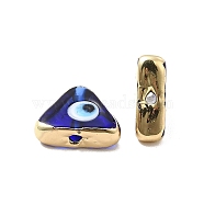 Brass Enamel Beads, Long-Lasting Plated, Real 18K Gold Plated, Triangle with Evil Eye Pattern, Blue, 10~11.5x13~13.5x4~5mm, Hole: 1.6~1.8mm(KK-F842-03A)