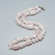 Natural Rose Quartz Beaded Necklaces, with Alloy Lobster Clasps, Column, 18.1 inch~18.5  inch(46~47cm), Column: 13~14x10mm(NJEW-S392-16)
