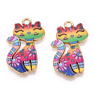 Printed Alloy Pendants, Lead Free & Cadmium Free & Nickel Free, Cat Charm, Golden, Colorful, 26x17x2mm, Hole: 2mm(PALLOY-H127-01G-02)