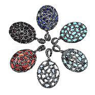 Polymer Clay Rhinestone Pendants, with Gemstone Chip/Natural Shell Chip and PU Leather, Oval, Gunmetal, PP12(1.8~1.9mm), 47~48x35~37x6~7mm,  Hole: 9x5mm(RB-S056-13A-B)