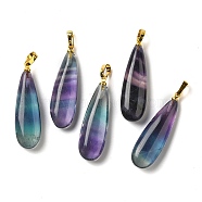 Natural Colorful Fluorite Pendants, Teardrop Charms with Rack Plating Golden Tone Brass Snap on Bails, 34~34.5x10~10.5x6~6.5mm, Hole: 6.5x3mm(G-Q192-07G-05)