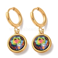 PVD Vacuum Plating 304 Stainless Steel Hoop Earrings, with Rhinestone, Flat Round, Colorful, 26x10.5mm(EJEW-C106-02G-02)