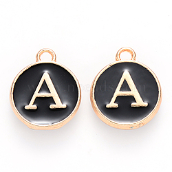 Golden Plated Alloy Charms, Cadmium Free & Lead Free, with Enamel, Enamelled Sequins, Flat Round with Letter, Black, Letter.A, 14x12x2mm, Hole: 1.5mm(ENAM-S118-02A)