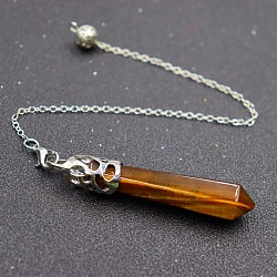Natural Tiger Eye Dowsing Pendulums, with Alloy Findings, Cone, 510~800mm(PW-WG19123-06)