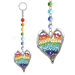 Alloy & Glass Beaded Heart Pendant Keychain, with Glass Octagon Link and Alloy Split Key Rings, Colorful, 27.4cm(KEYC-JKC00521)