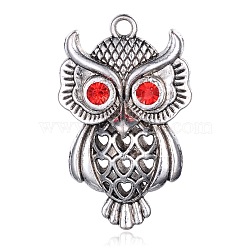 Alloy Pendants, with Rhinestone, Owl, Antique Silver, Light Siam, 46x29x12mm, Hole: 3mm(PALLOY-G132-21AS)