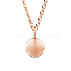 SHEGRACE 925 Sterling Silver Pendant Necklace, Flat Round with Word Lucky, Rose Gold, 15.75 inch(40cm)(JN504B)