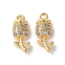 Rack Plating Brass Cubic Zirconia Pendants, Flower, Real 18K Gold Plated, 13.5x5.5x3.5mm, Hole: 1.2mm(KK-M264-04G)