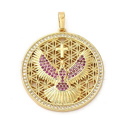 Flat Round with Pigeons & Cross Rack Plating Brass Micro Pave Cubic Zirconia Pendants, Long-Lasting Plated, Lead Free & Cadmium Free, Real 18K Gold Plated, 31.7x29.5x3mm, Hole: 5.9x3.4mm(KK-K377-42G)