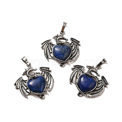 Natural Lapis Lazuli Dyed Heart Pendants, Dragon Charms, with Rack Plating Antique Silver Plated Brass Findings, Lead Free & Cadmium Free, 33x33.5~34x7~7.5mm, Hole: 8x5mm(KK-K331-01AS-01)