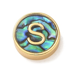 Brass Beads, with Resin Imitation Paua Shell, Flat Round, Real 14K Gold Plated, Letter S, 13.5x4mm, Hole: 1.6mm(KK-U046-17G-S)