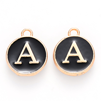 Golden Plated Alloy Charms, Cadmium Free & Lead Free, with Enamel, Enamelled Sequins, Flat Round with Letter, Black, Letter.A, 14x12x2mm, Hole: 1.5mm