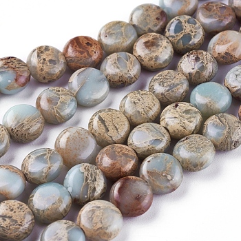 Natural Aqua Terra Jasper Beads Strands, Flat Round, 8x4~4.5mm, Hole: 1.4mm, about 53pcs/strand, 15.5~15.7 inch(39.5~40cm)
