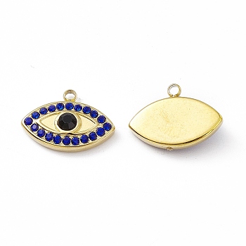 Vacuum Plating 201 Stainless Steel Pendants, with Rhinestone, Real 18K Gold Plated, Eye Charms, Capri Blue, 11.5x16x3.7mm, Hole: 1.5mm