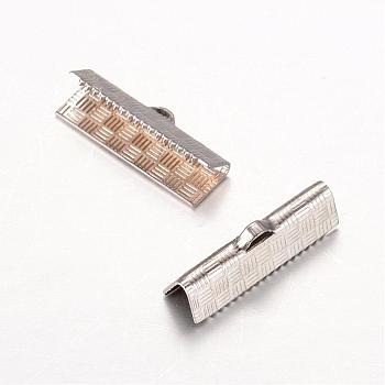 Rectangle 304 Stainless Steel Ribbon Crimp Ends, Stainless Steel Color, 5.5x20mm, Hole: 1x2.5mm