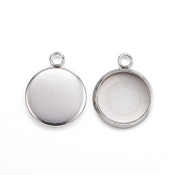 304 Stainless Steel Pendant Cabochon Settings, Plain Edge Bezel Cups, Flat Round, Stainless Steel Color, Tray: 10mm, 15x12x2mm, Hole: 2mm