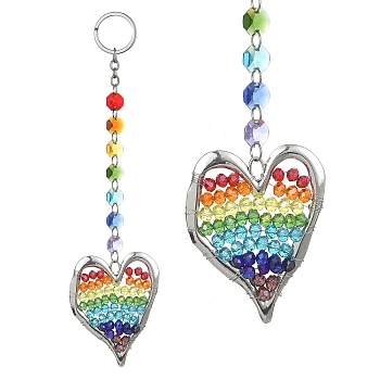 Alloy & Glass Beaded Heart Pendant Keychain, with Glass Octagon Link and Alloy Split Key Rings, Colorful, 27.4cm