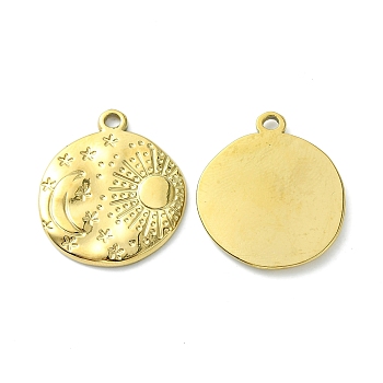 304 Stainless Steel Pendants, Flat Round with Sun & Moon, Real 14K Gold Plated, 23.5x21x2mm, Hole: 2mm