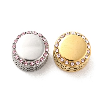 304 Stainless Steel European Beads, with Rhinestone, Large Hole Beads, Golden & Stainless Steel Color, Flat Round, Light Rose, 12x8mm, Hole: 4mm