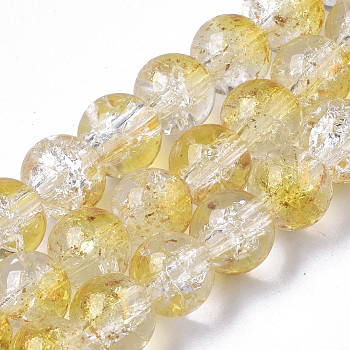 Transparent Spray Painted Crackle Glass Bead Strands, with Golden Foil, Round, Gold, 8~9mm, Hole: 1.2~1.5mm, about 46~56pcs/Strand, 14.37 inch~16.3 inch(36.5~41.4cm)