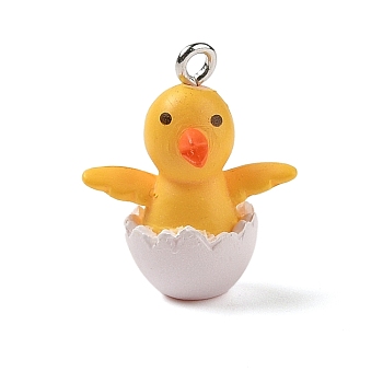 Opaque Resin Pendants, Easter Eggshell Chick Charms with Platinum Plated Iron Loops, Gold, 22x18x10.5mm, Hole: 2mm
